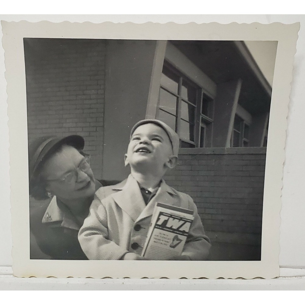 Vintage 1953 Black & Whiteβ Photo of Boy Holding TWA Airplane Flight Ticket 3.5"